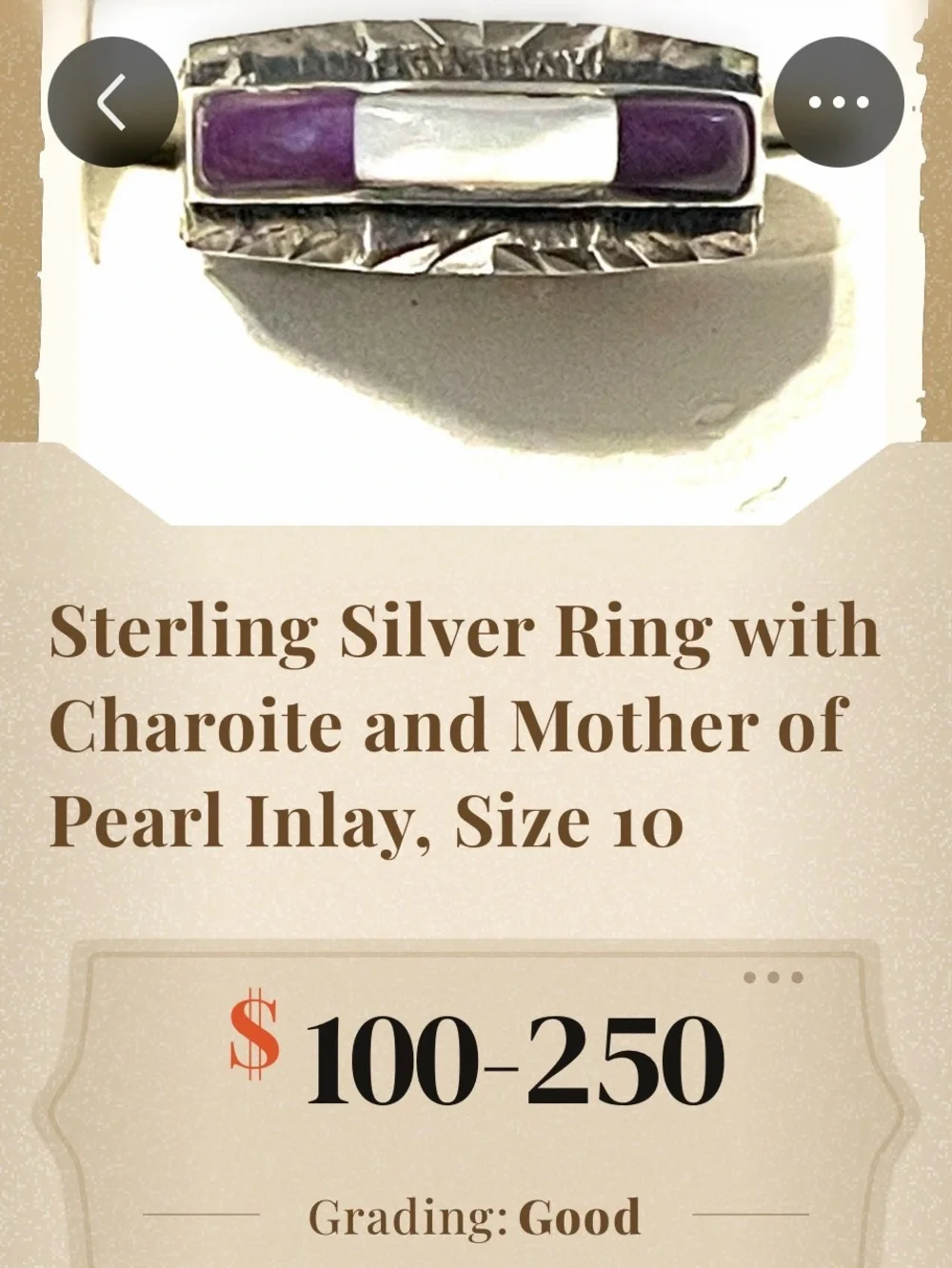 Sterling Charoite and Mother of Pearl Ring sz 10